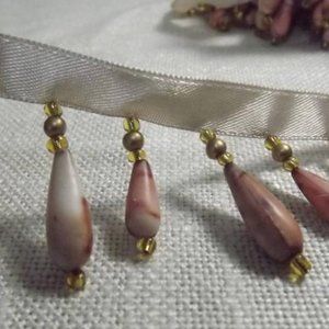 6 Yds of Beige Satin Ribbon with Peach/Gold Beads